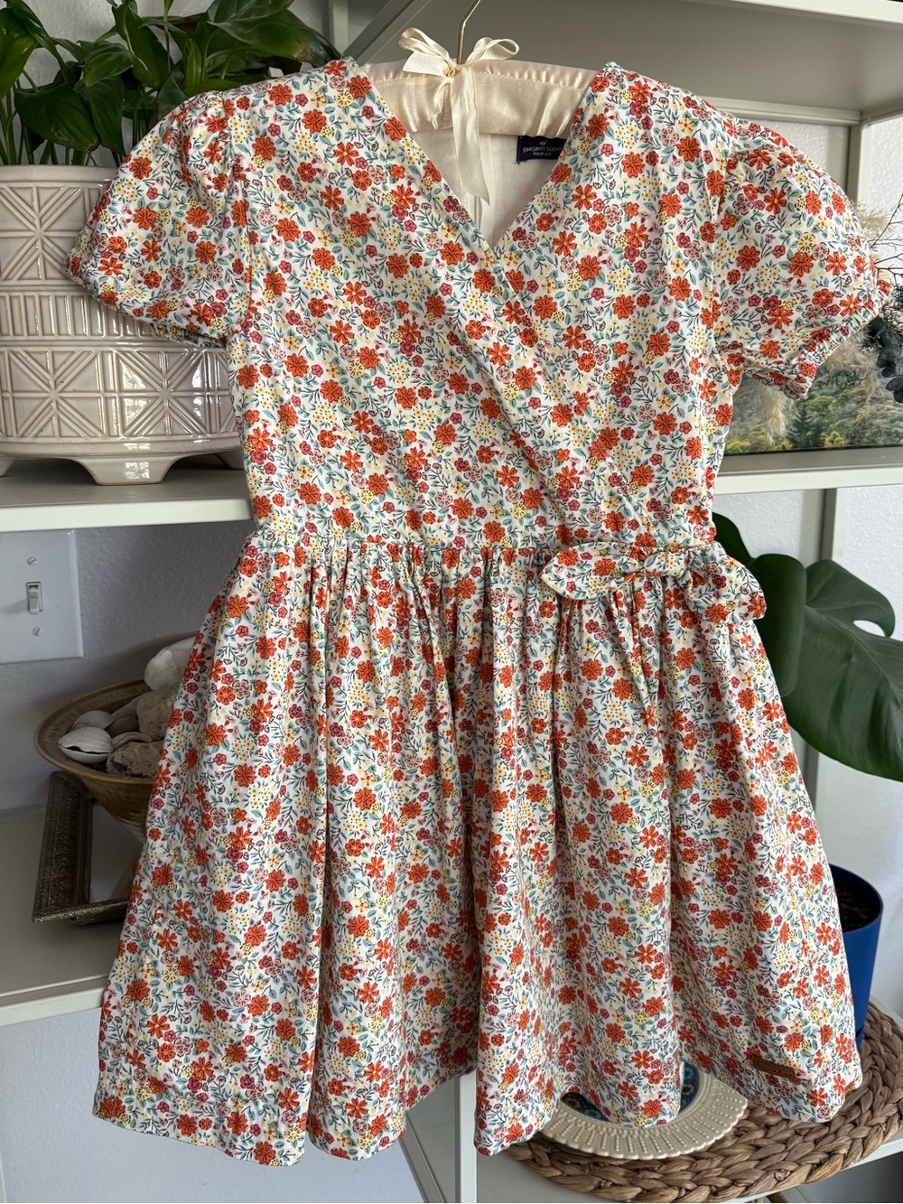 100% Cotton Girls' Floral Wrap Dress in Orange and Cream